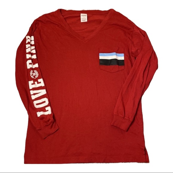 PINK red long sleeve v-neck tee with pocket - Picture 1 of 8